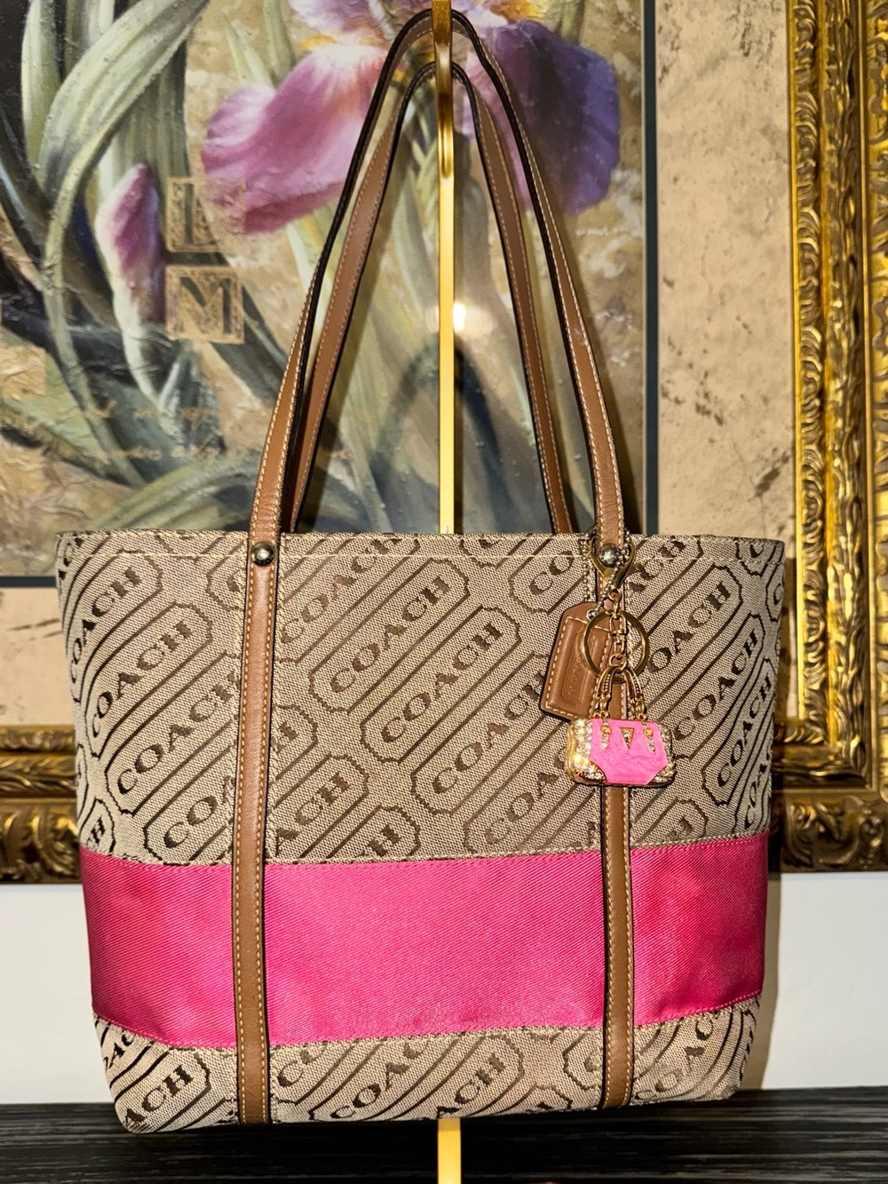 Coach 2008 Lozenge Brown Canvas Leather Trim Stripe Zipper Closure Tote Bag -GUC - Picture 13 of 14
